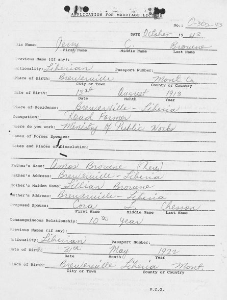 Liberian marriage application page 1